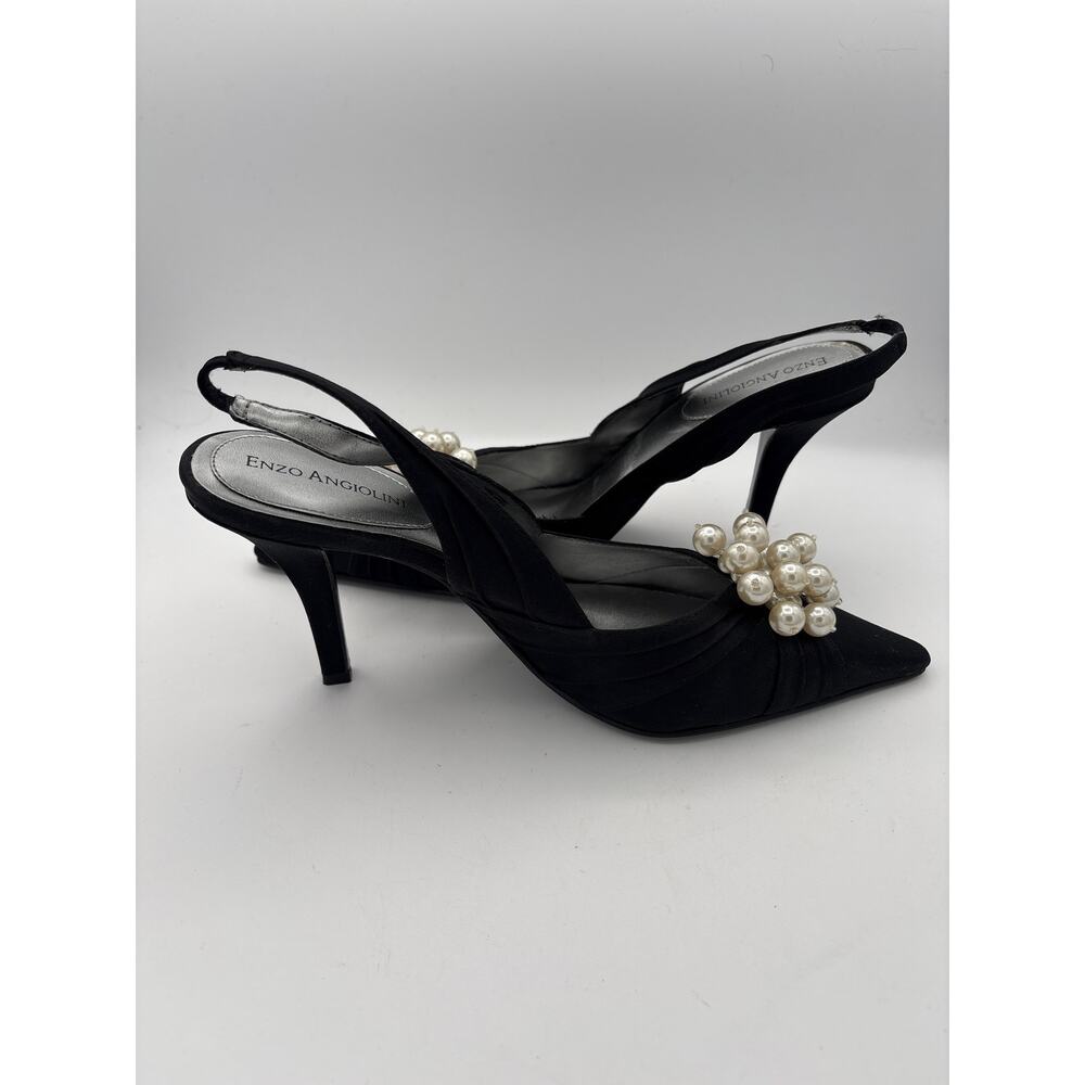 Women’s Enzo Angiolini Size 8 Black Satin Slingback Heels w/ Pearl Details - Picture 4 of 5